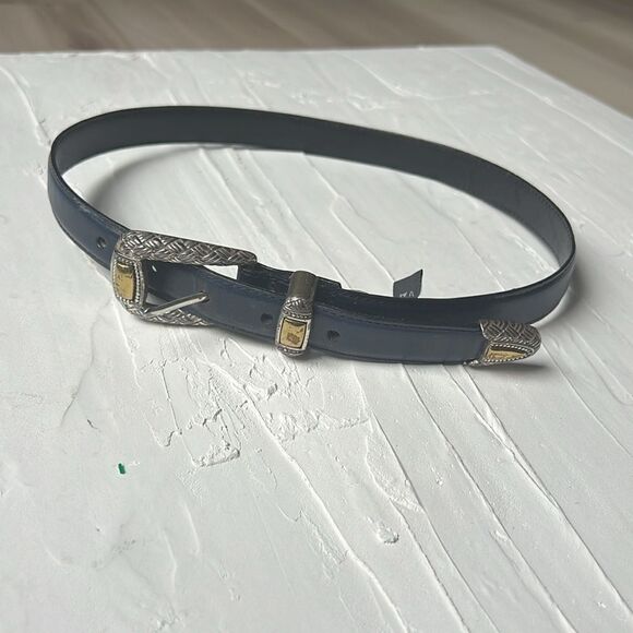 Vintage 90s 1992 Navy Leather Silver Belt Gold Details Brighton Leather Small - Picture 6 of 6